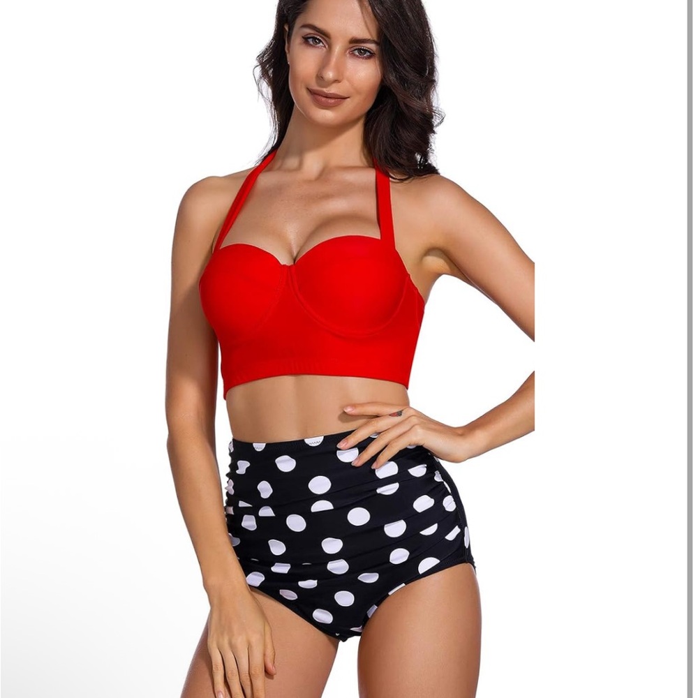 Vintage Polka Underwire High Waisted Swimsuit Bathing Suits Bikini